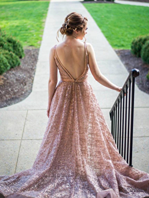 Jovani v-neck rose gold A-line prom gown